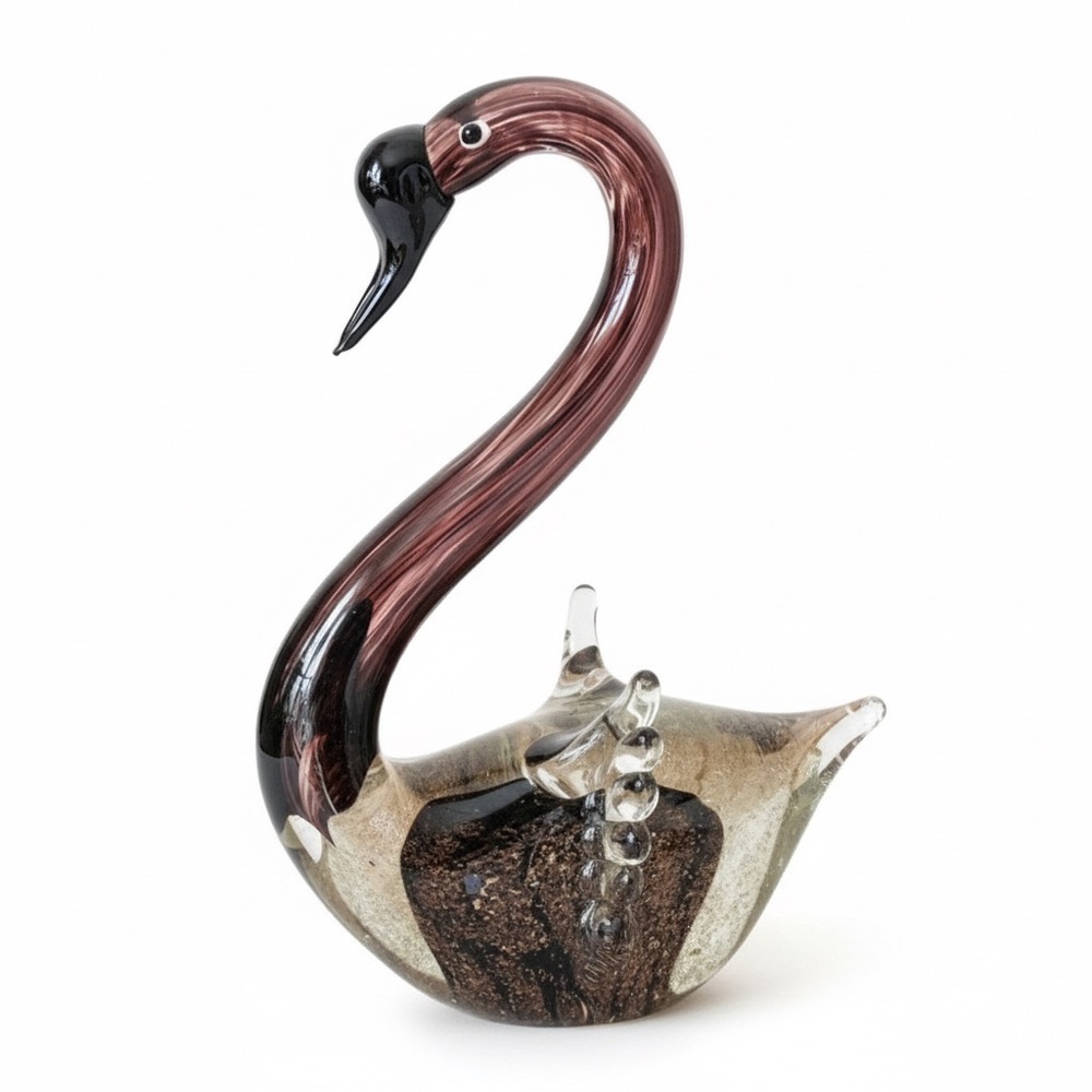 Vintage Murano Style Glass Swan Italian Art Amethyst & Gold Aventurine 8.5" Tall